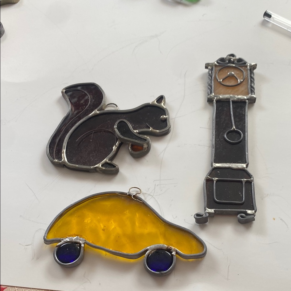 Stained Glass Squirrel, Car, and Clock Set
